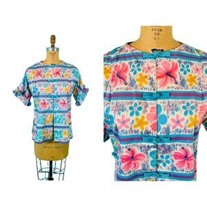 Vintage 60s Hawaiian Top Womens S Honolulu Colorful Hibiscus Floral Blouse